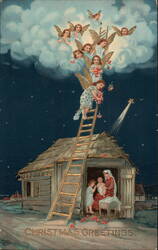 Angels Ascending Ladder to Holy Family, Christmas Greetings Madonna & Child Postcard Postcard Postcard