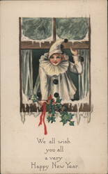 Pierrot Clown in Snowy Window with Holly, Happy New Year Greeting Beautiful Ladies Postcard Postcard Postcard