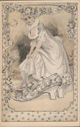 Woman Trying on Floral Shoes, French Fashion Illustration Postcard