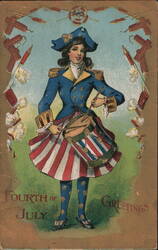 Patriotic Girl Drummer with Firecrackers, 4th of July Greetings Postcard Postcard Postcard