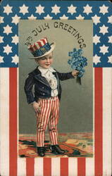 Patriotic Boy in Uncle Sam Hat with Flowers, 4th of July Greeting Postcard