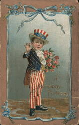 Patriotic Boy in Uncle Sam Suit with Flowers, Birthday Greeting Postcard