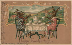 Anthropomorphic Rabbits Enjoy Easter Tea With Bunnies Postcard Postcard Postcard