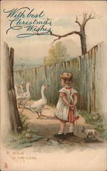 Little Girl with Geese and Dog, Christmas Greetings Children Postcard Postcard Postcard