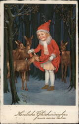 Young Girl Sharing Her Skirt with Deer in Snowy Forest Postcard