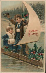 Ice Boating Christmas Greeting: Children in Festive Sailboat Postcard Postcard Postcard