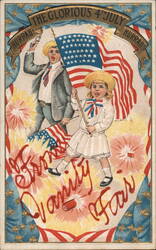 Patriotic Children Celebrate the 4th of July with Flags and Fireworks Postcard