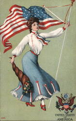 Patriotic Woman with US Flag and Cornucopia Postcard