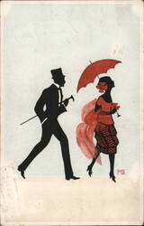 Silhouette Couple, Woman with Red Parasol Silhouettes Postcard Postcard Postcard