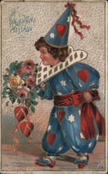 Valentine Clown with Bouquet and Heart-Shaped Balloons Children Postcard Postcard Postcard