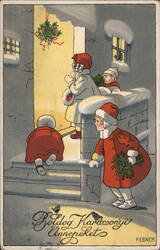 Children Caroling at Doorway, Christmas Greeting Postcard