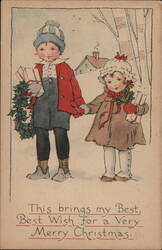 Children with Holly and Gifts, Merry Christmas Greeting Postcard