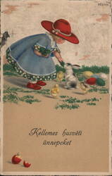 Little Girl Feeding a Bunny and Chicks at Easter With Bunnies Postcard Postcard Postcard