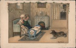 Children with Baby in Cradle, Dog Watching, by Paul Floner Pauli Ebner Postcard Postcard Postcard