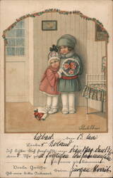 Two Girls with Flowers, Austrian Postcard by Paul Ebner Children Postcard Postcard