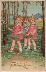 Three Children with Easter Baskets and Pussy Willows With Children Postcard Postcard Postcard