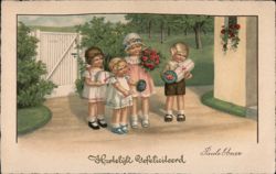 Four Children with Flowers, Hartelijk Gefeliciteerd Greeting Postcard