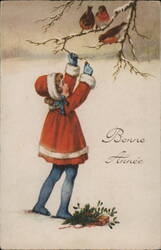 Little Girl Feeding Robins in Winter, Bonne Année Greeting Children Postcard Postcard Postcard