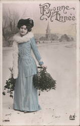 Bonne Année: Woman in Blue with Mistletoe, French New Year Postcard Beautiful Ladies Postcard Postcard