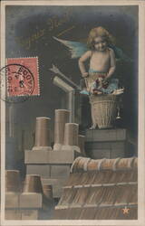 Cherubic Angel on Rooftop with Toy Basket, French Christmas Postcard Postcard