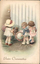 Three Children with Flowers Greet a Bulldog at a Gate A. Bertiglia Postcard Postcard Postcard