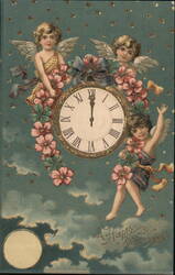 Three Cherubs with Floral Clock at Midnight, Happy New Year Postcard