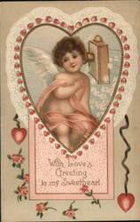 Cherubic Cupid with Vintage Movie Projector, Valentine's Greeting Postcard