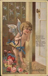 Cherubic Cupid Listens at Door, Valentine's Day Greeting Postcard