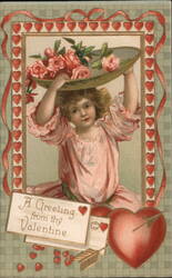 Little Girl with Roses, Valentine's Day Greeting Postcard