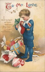 Boy with Valentine Candy and Heart, Vintage Illustration Children Ellen Clapsaddle Postcard Postcard Postcard