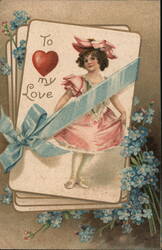 Girl in Pink Dress with Blue Ribbon, Valentine's Day Greeting Women Postcard Postcard Postcard