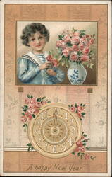 Child with Roses & Clock, Happy New Year Greeting Postcard