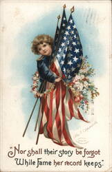 Young Boy Holding American Flags with Flowers Patriotic Postcard Postcard Postcard