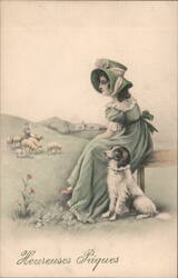 Woman in Green Dress with Dog, Pastoral Easter Scene Postcard Postcard Postcard