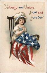 Girl Sewing American Flag, Liberty and Union Now and Forever Postcard