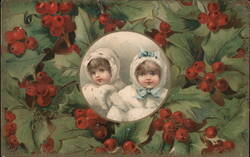 Two Children in White Winter Coats, Holly Berry Christmas Greeting Postcard Postcard Postcard