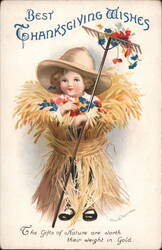 Thanksgiving Child in Straw Costume with Rake and Flowers Postcard