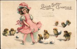 Little Girl in Pink with Baby Chicks and Eggshells With Chicks Postcard Postcard Postcard