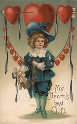 Cherubic Boy in Blue with Valentine's Day Decorations Children Ellen Clapsaddle Postcard Postcard Postcard