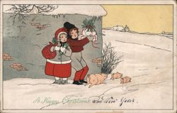 Children with Gifts, Pigs, and Winter Scene - Happy Christmas and New Year Postcard