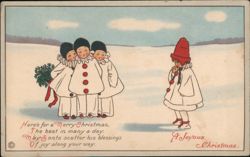 Three Pierrot Clowns and Shy Child in Snowy Scene Pauli Ebner Postcard Postcard Postcard