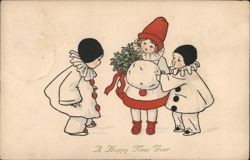 Three Children in Clown Costumes, Happy New Year Greeting Pauli Ebner Postcard Postcard Postcard