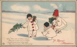 Three Children in Clown Costumes with Holly and Pine, Christmas Greetings Pauli Ebner Postcard Postcard Postcard