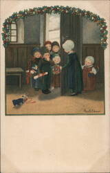 Children at the Door with Gifts and a Toy Dog, by Paul Ebner Pauli Ebner Postcard Postcard Postcard