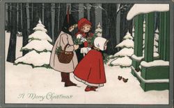 Children Leaving Gifts at a Birdhouse, Snowy Christmas Scene Postcard