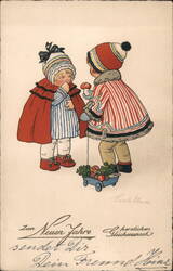 Children Exchanging Gifts: New Year's Greeting Pauli Ebner Postcard Postcard Postcard