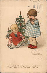 Children with Christmas Tree and Book, Holiday Greetings Pauli Ebner Postcard Postcard Postcard