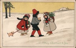 Children with Pig and Gifts in Snowy Landscape - Christmas Greeting Postcard