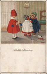 Children Dressing Doll, New Year's Greeting, Dutch Postcard Pauli Ebner Postcard Postcard