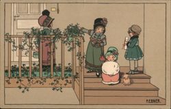 Children on Porch with Greenery, Vintage Illustration Pauli Ebner Postcard Postcard Postcard